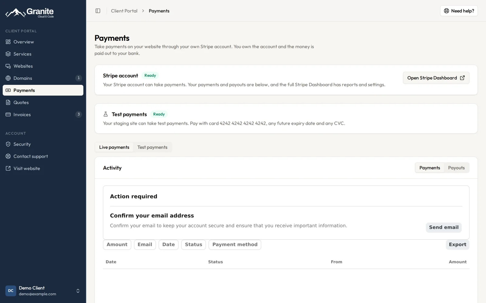 Your Stripe account, test payments, and payment activity, all in the Payments section.
